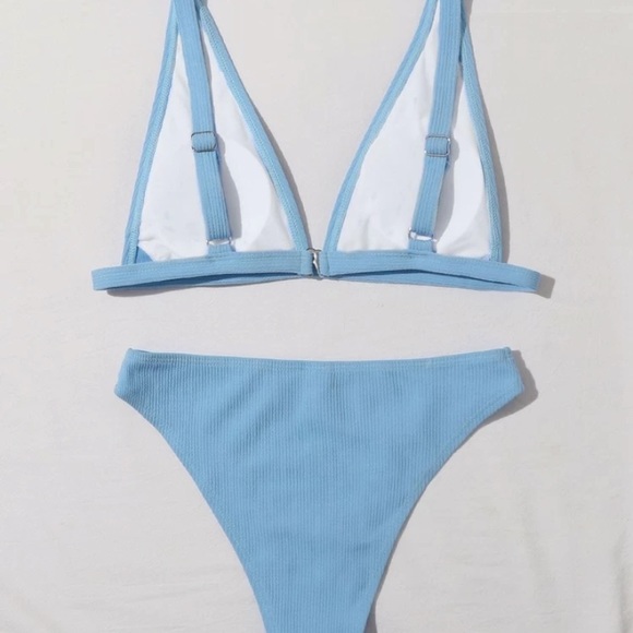 rib v-neck blue bikini set - Picture 2 of 3